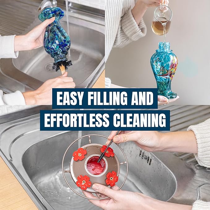 MEKKAPRO Hummingbird Feeders for Outdoors Hanging Glass 20oz, Decorative Feeder with Blown Stained Waterdrop Glass Design for Outdoors and Backyard, Easy Fill with 4 Nectar Feeding Flowers (Blue)