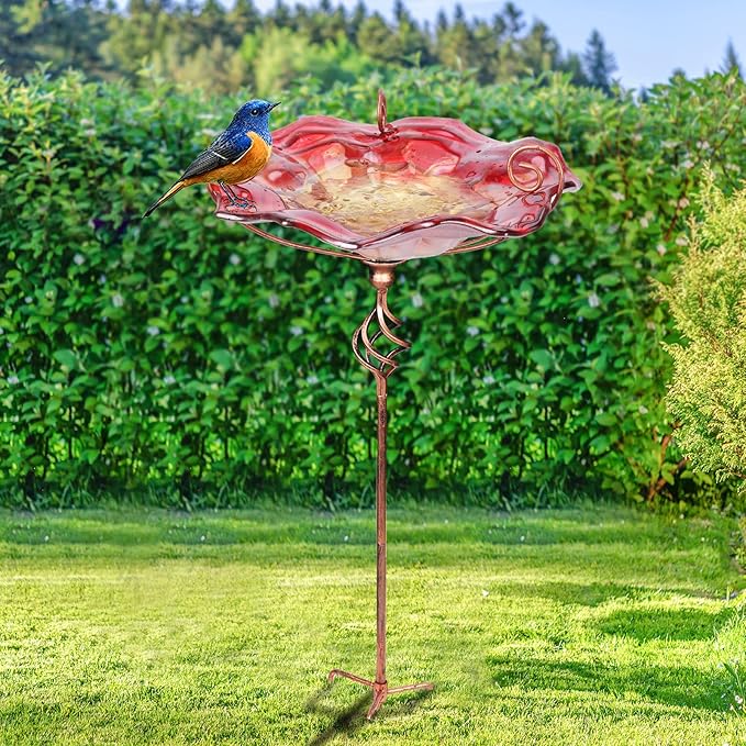 VCUTEKA Bird Bath, Glass Bird Baths for Outdoors Birdfeeder with Metal Stake Birdbath Garden Decor, Red