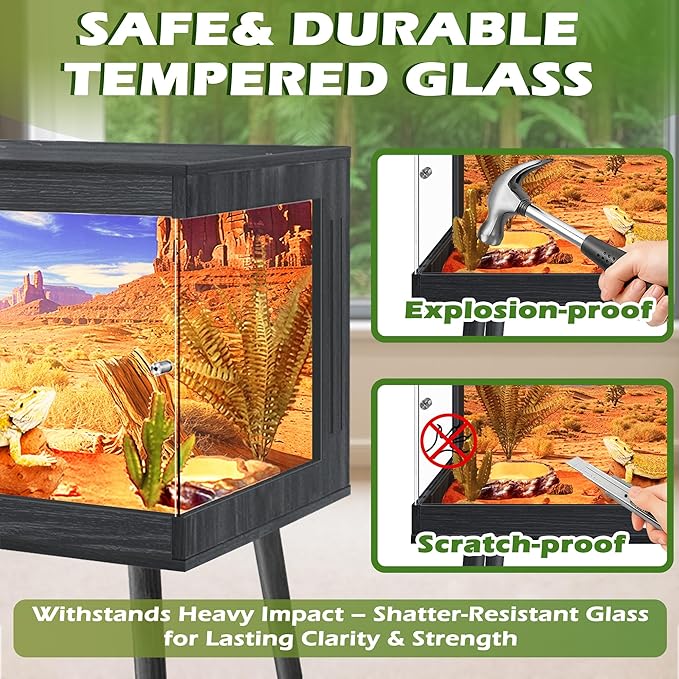Royxen Tempered Glass Bearded Dragon Tank,33 Gallon Reptile Tank with Leg Stand,Built-in Lighting Reptile Enclosure Scartch-Proof Bearded Dragon Encloure for Chameleon,Lizard(Black,32"x 16"x 16")