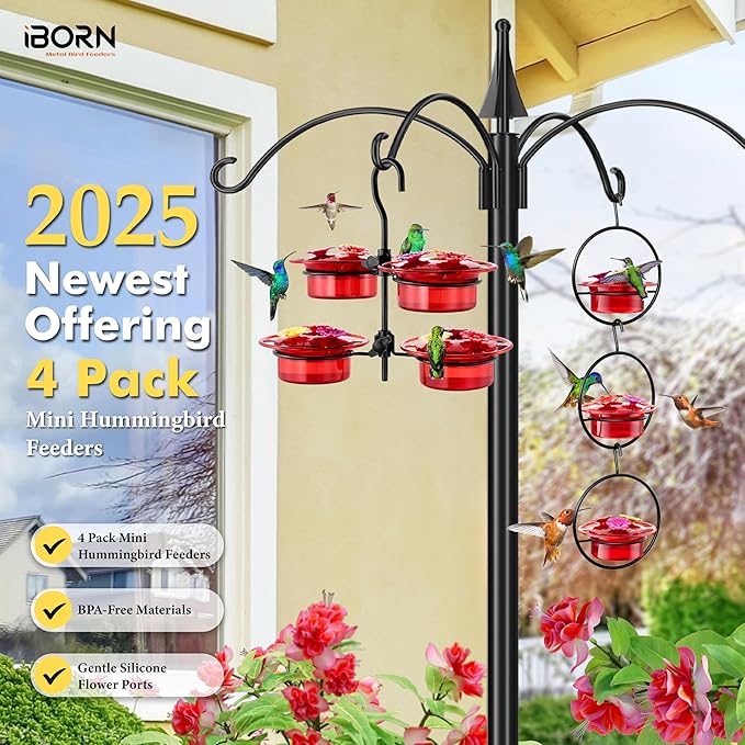 iBorn Small Hummingbird Feeder Hummingbird Feeders for Outdoors Hanging 4PCS 3OZ Mini Humming Bird Feeder with 3 Bee Guard Feeding Ports Silicone Flower Red