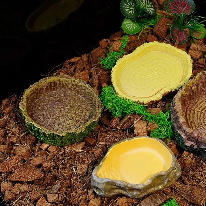 2 Pack Realistic Resin Reptile Food and Water Bowls Natural Simulation Tree Stump Feeding Dishes for Lizards Snakes Tortoises Geckos Decorative Terrarium Landscaping Accessories for Reptile Habitat
