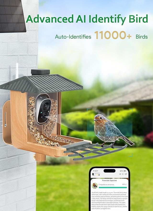 Osoeri Smart Bird Feeder with Camera, 1080P HD AI Identify & Capture Bird Videos, Auto Motion Detection, DIY Add-ons & Hummingbird Feeder, Wood Color-2 Bins