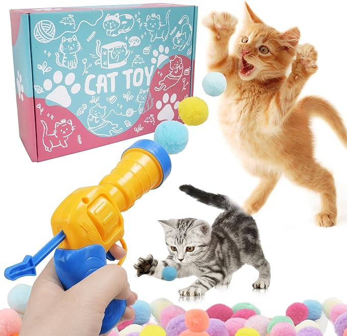 Mewlmart Interactive Cat Toys for Indoor Plush Ball Launcher Cat Enrichment Toys Pom Pom Balls 30 Balls