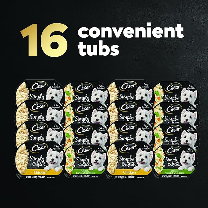 Cesar Simply Crafted Adult Wet Dog Food Meal Topper, Chicken and Chicken, Carrots & Green Beans Variety Pack, 1.3oz. (8 Count, Pack of 2)