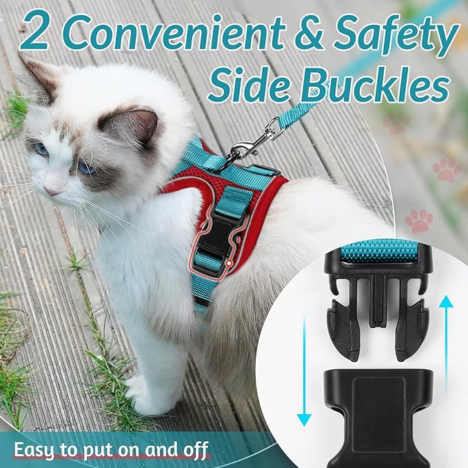 rabbitgoo Cat Harness and Leash for Walking, Escape Proof Soft Adjustable Vest Harnesses for Cats, Easy Control Breathable Reflective Strips Jacket, Red & Teal, XXS