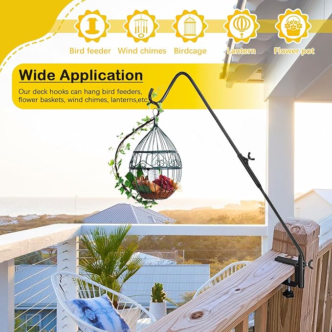 Heavy Duty Deck Hook, 31 Inch Deck Bird Feeder Hanger for Railing, Extended Metal Deck Hooks for Hanging Bird Feeders, Plants, Wind Chimes, Suet Baskets, Lanterns, 360° Swivel, Clamp Mounted, 2 Pack