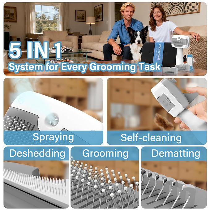 5-in-1 Pet Steam Brush for Dogs & Cats,Self-Cleaning Steam Dog Brush with 3 Swap-in Heads (Grooming, Dematting, Deshedding),Cat Spray Hair Removal Comb,Includes Pet Essence & Storage Case