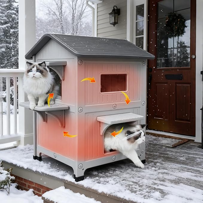 Rockever Plastic Outdoor Cat House with Insulated Liner, 100% Insulated Outdoor Cat Houses for Winter, Waterproof 2 Story Outside Cat Shelter, Clean and Assemble Easily-White