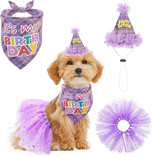 SCENEREAL Dog Birthday Bandana Hat with Dress Girl Set Party Supplies Plaid Puppy Birthday Outfit Cute Dog Tutus for Small Medium Lage Dogs, Purple Plaid