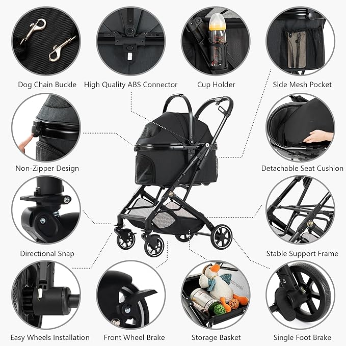 Kenyone 3-in-1 Pet Stroller for Small Medium Dogs Puppy Cat Stroller with Detachable Carrier & Pad Lightweight Foldable Aluminum Alloy Frame Dual No-Zip Entry(Black)
