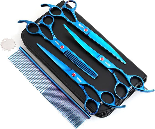 7.0in Titanium Professional Pet Grooming Scissors Set, GEMEK 6 in 1 Straight & Thinning & Upwards Curved & Downwards Curved Scissors & Comb for Dogs, Cats (Blue)
