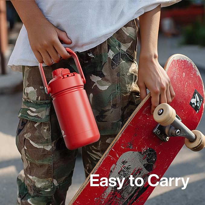 Kids Insualated Water Bottle with Straw - 12oz Stainless Steel Water Bottle with Dual Spouts, Leak-Proof, BPA-Free, Double Wall Vacuum Keeps Cold for 24 Hours for Sports, Travel, School (Cream Moon)