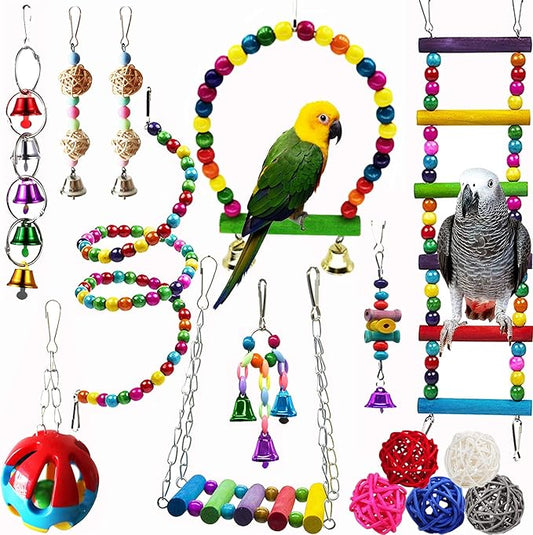 Hamiledyi Bird Parrot Swing Chewing Toy Set 15PCS Wooden Hanging Bell with Hammock Climbing Ladders Colorful Pet Birds Cage Toys for Small Parakeet Cockatiel Finches Conures Budgie Macaws Love Birds