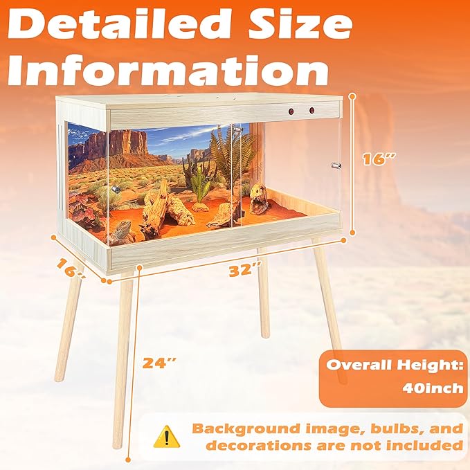 Royxen Tempered Glass Reptile Tank,Bearded Dragon Tank with Metal Mesh Top and Leg Stand,Reptile Enclosure,Lizard Tank for Chameleon,Snake,Lizard Habitat (Oak, 33 Gallons,32x16x16 Inch)