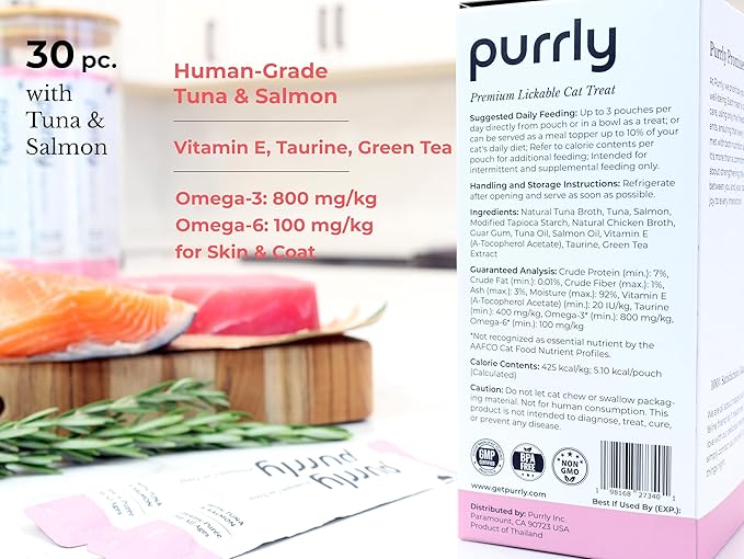 Purrly Squeezable Cat Treats Wet Healthy Interactive Hydrating Human-Grade Tuna & Salmon with Omega-3 & 6 for Skin & Coat (30 Count) Lickable Healthy Creamy Puree