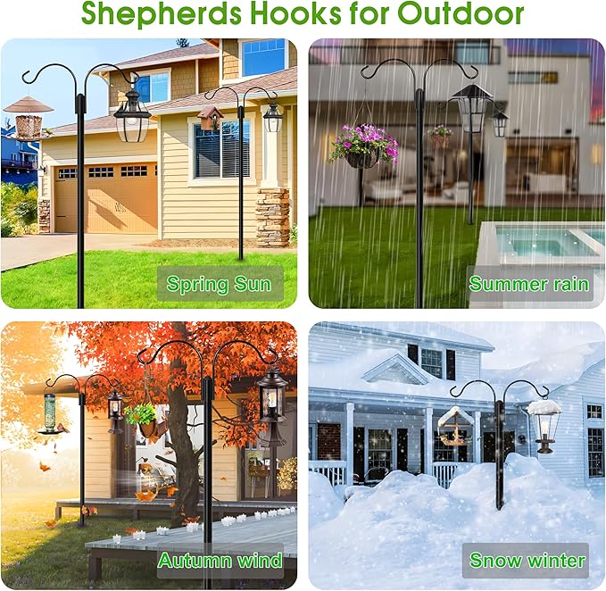 XDW-GIFTS Shepherds Hooks for Outdoor, 2-Pack 92 Inch Heavy Duty Bird Feeder Pole, Garden Pole for Hanging Plants, Lantern, Hummingbird Feeder, Hanging Plant Stand with 5 Base Prongs