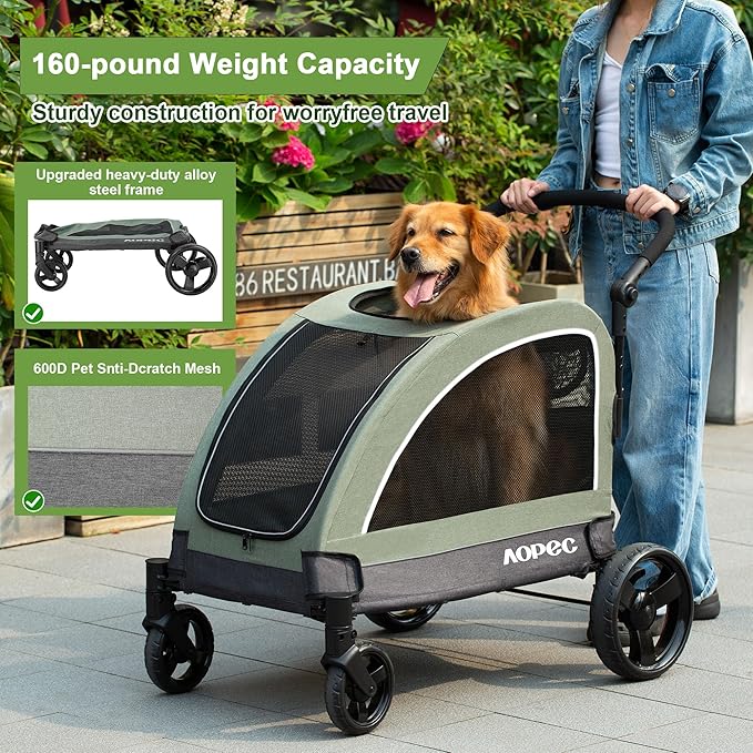 Large Dog Stroller - Dual Entry Safety Folding Pet Stroller with Adjustable Handle, All-Terrain 4-Wheel, 160 lbs Weight Capacity for Travel & Outdoor Adventures - Green