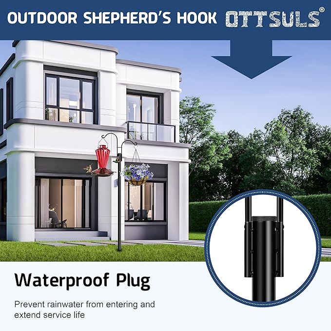 Ottsuls Bird Feeder Pole, 2 Pack 92 INCH Double Shepherds Hooks for Outdoor, Garden Pole with 5 Base Prongs Heavy Duty Planter Hooks for Hanging Plant Baskets, Lantern, Hummingbird Feeder