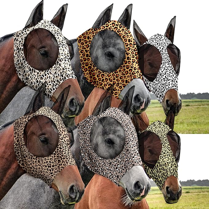 Chunful 6 Pcs Horse Fly Masks with Ears Smooth and Comfortable Cashel Mesh Fly Mask Elasticity Breathability UV Protection Horse Face Covering for Riding Supplies(Leopard,Large)