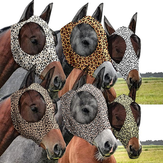 Chunful 6 Pcs Horse Fly Masks with Ears Smooth and Comfortable Cashel Mesh Fly Mask Elasticity Breathability UV Protection Horse Face Covering for Riding Supplies(Leopard,Large)