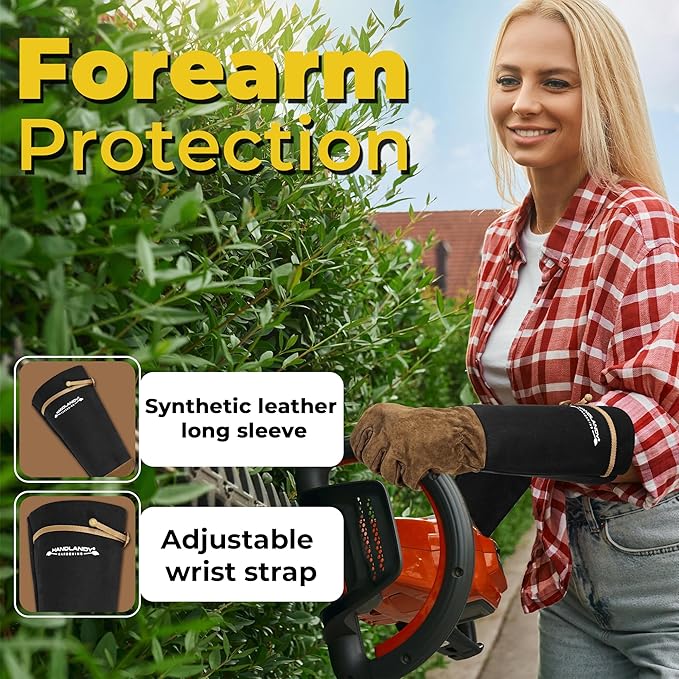 HANDLANDY Long Gardening Gloves for Men & Women, Cowhide Leather Rose Pruning Gloves, Breathable Thorn Proof Gauntlet Glove (Brown-Cowhide, M)