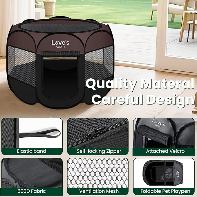 Love's cabin Pet Puppy Dog Playpen, Large Dog Tent Crates Cage Indoor/Outdoor, Portable Playpen for Cat, Foldable Pop Up Dog Kennel Playpen with Carring Case, Removable Zipper Top, Brown