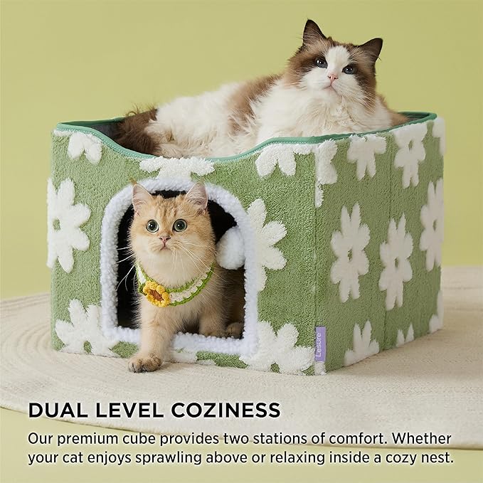 Lesure Indoor Cat Beds Kitten House - Large Cat Cave for Pet Cube with Fluffy Ball Hanging, Foldable Small Animal Hideaway, 16.5x16.5x13 inches, Flower Garden Green