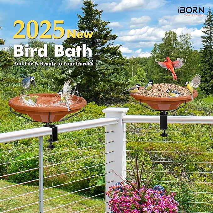 iBorn Bird Bath,Deck Mounted Bird Baths 12inch,Birdbath for Outside with Clamp 3.2inch,BPA-Free Bowl,Chew-Proof,Fully Detachable Design,Easy Clean & Refill,Terracotta,1 Pack（Not Include Fountain）