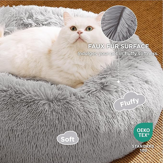 Bedsure Calming Cat Beds for Indoor Cats - Small Cat Bed Washable 20 inches, Anti-Slip Round Fluffy Plush Faux Fur Pet Bed, Fits up to 15 lbs Pets, Pale Grey