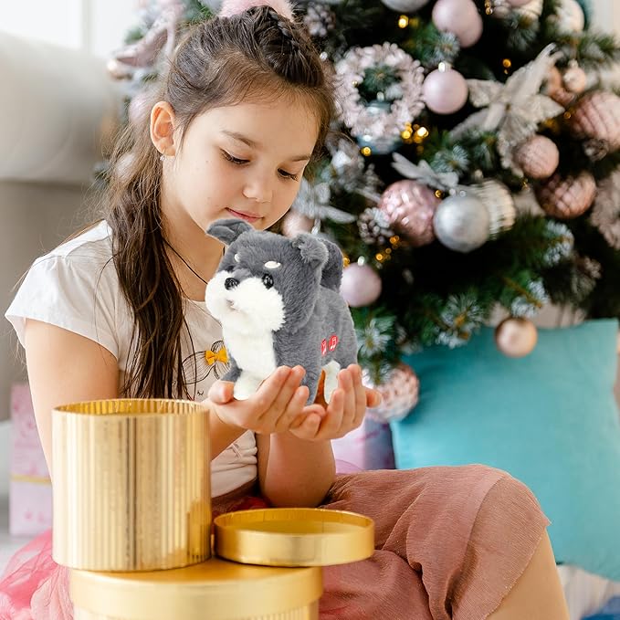 Easfan Electric Walking Plush Dog Toy Interactive Talking Musical Plush Toy Grey Puppy Birthday Gifts for Kids Toddlers,7"