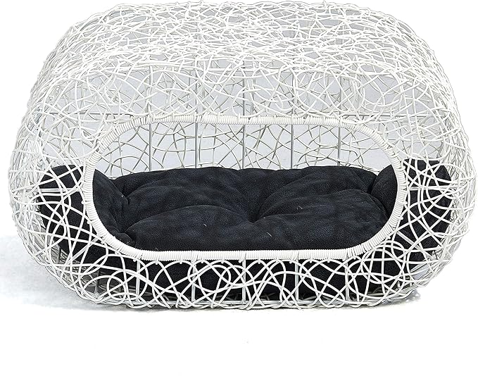 D+GARDEN Fun Stackable White Cat Condo for Indoor Cats - Interactive Play Rattan Modern Cat House for Indoor Cats Kitty, Pet Friendly Top/Side House Entry, Cat Bed Enclosed