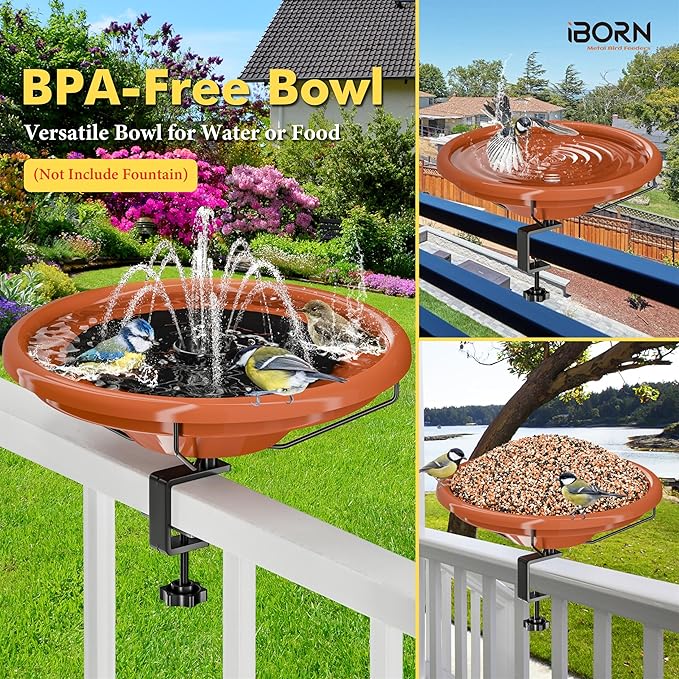 iBorn Bird Bath,Deck Mounted Bird Baths 12inch,Birdbath for Outside with Clamp 3.2inch,BPA-Free Bowl,Chew-Proof,Fully Detachable Design,Easy Clean & Refill,Terracotta,1 Pack（Not Include Fountain）