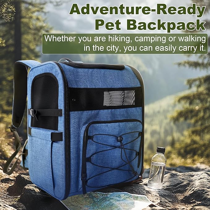 Dog Carrier Backpack for Small Dogs - Breathable Mesh Hiking Bag with Safety Buckle, Adjustable Straps and Elevated Pad - Durable for Hiking (Fits Small Cats Too, Up to 17lbs, Blue)