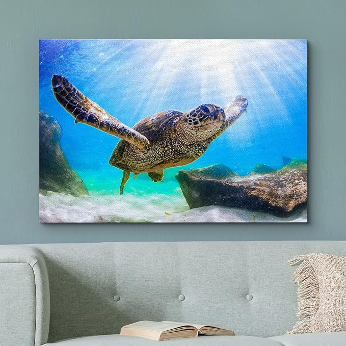 wall26 Canvas Print Wall Art Sunlight Ray Tropical Turtle Swimming Ocean Nature Animals Photography Realism Rustic Scenic Landscape Wilderness Colorful for Living Room, Bedroom, Office - 12"x18"
