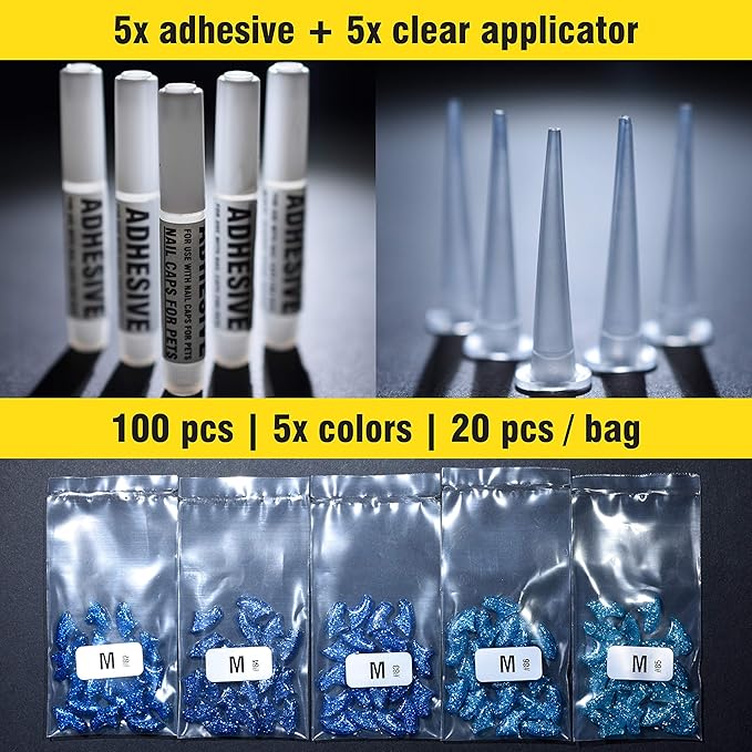 zetpo 100 pcs Cat Nail Caps | Cat Claw Covers | with Adhesives and Applicators (M, 5X Blue Glitter Shades)