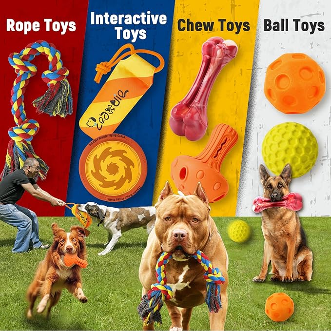 Zeaxuie 12 Pack Heavy Duty Various Dog Chew Toys Pack for Aggressive Chewers - Includes Large Rope Toy, Squeaky Toys & Indestructible Chew Bone for Medium, Large & X-Large Dogs (for Super Chewers)