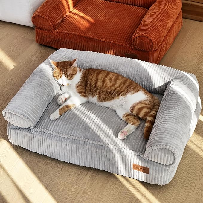 FUKUMARU Dog Couch Bed, Corduroy Cozy Cat Bed for Indoor Cats with Washable Cover, Supportive Waterproof Dog Beds Sofa for Small Dogs and Large Cats Cute, 28inch, Medium, Light Grey