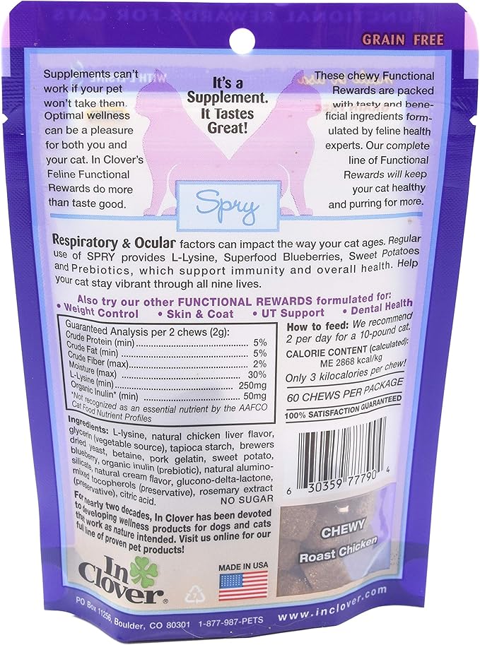 In Clover Spry Daily Respiratory and Ocular Support Soft Chews for Cats, with L-Lysine, Superfoods, and Prebiotics for a Strong Immune System, 2.1 oz. (60 count)
