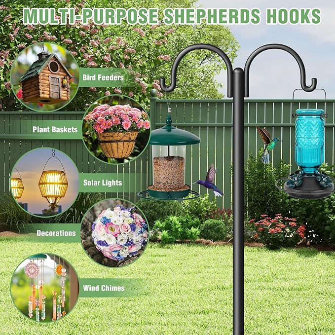 Double Shepherds Hooks for Outdoor, Heavy Duty Bird Feeder Pole with 5-Prong Base - Rust-Proof, Adjustable Bird Feeder Hanger for Garden, Wedding Decor & Hanging Plants