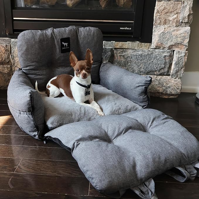 JACKO & CO - Premium Dog Car Seat v2 Booster Seat for Small & Medium Pets Under 25lbs - Machine Washable w Removable Cover, Water Resistant w Clip-On Leash for Front or Back Seat (Grey/Small (1-25lbs)