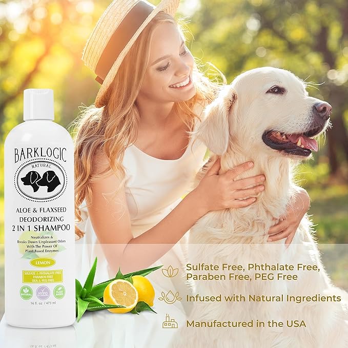Deodorizing 2 in 1 Shampoo with Aloe and Flaxseed, 16 oz, Lemon - Eliminates Odors On Dogs and Puppies on Contact, Puppy Safe Shampoo and Conditioner in One Easy Step, Vegan