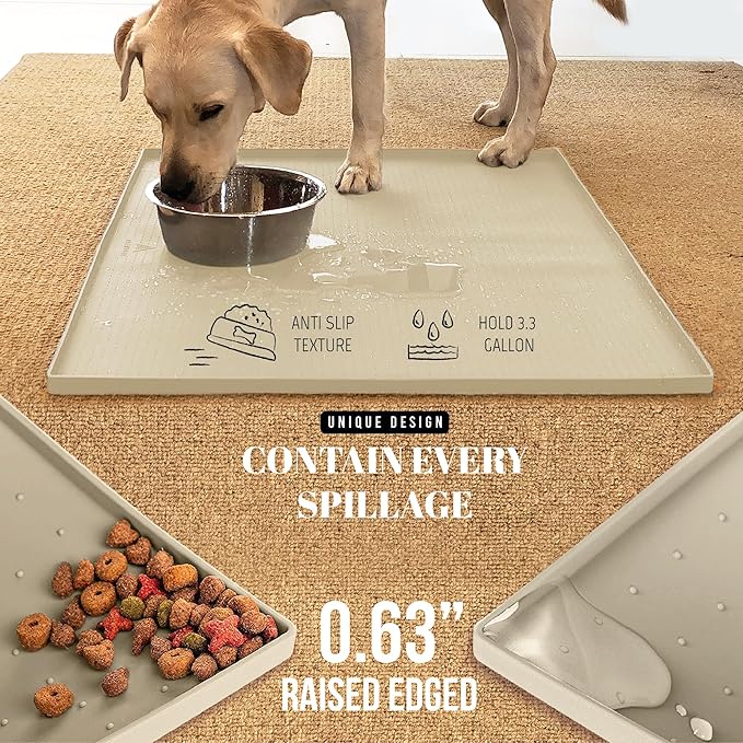 AVERYDAY 32x24'' Silicone Dog Mat for Food and Water, 0.63'' Edge Dog Food Bowl Mats for Floor Waterproof, Dogs Water Mat for Sloppy Drinker, Non Slip Rubber Pet Feeding Mats for Indoor Dogs and Cats