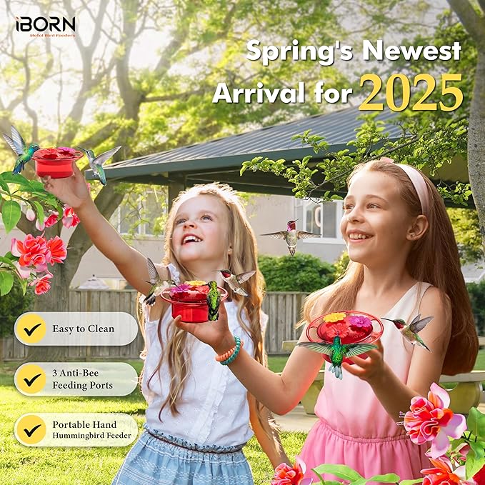 iBorn Handheld Hummingbird Feeders for Outdoors, Hummingbird Hand Feeder 3OZ Mini Bird Feeders for Outdoors,3 Bee Guard Feeding Ports, Silicone Flower, Red (Set of 1)