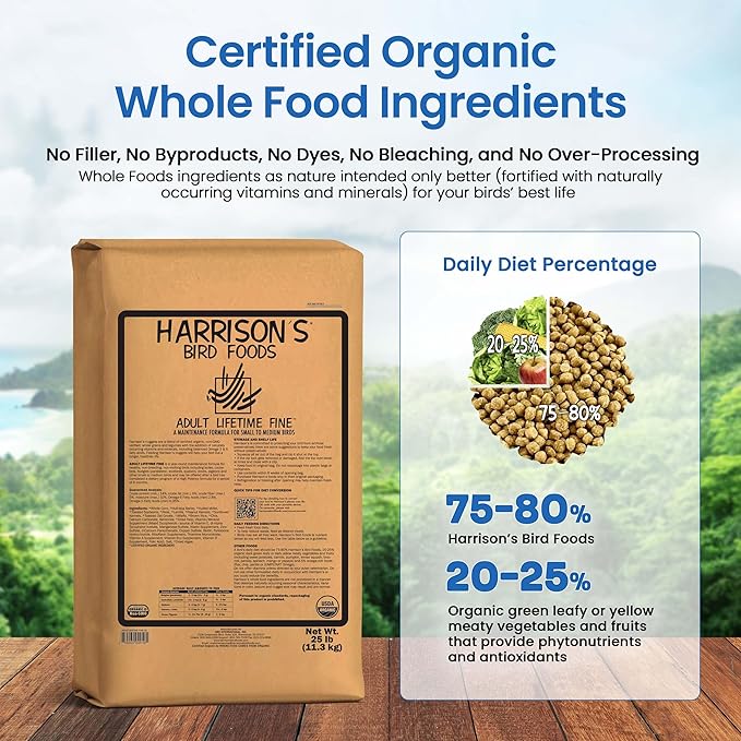 Harrison's Bird Foods Bird Food Adult Lifetime Fine Certified Organic Non-GMO Formula Bird Food 25lb