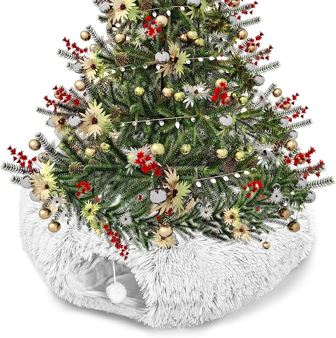 Cat Tunnel Bed for Indoor Cats, Peekaboo Cat Cave with Washable Soft Play Mat, Furry Cat Tube, for Kitten/Puppy/Rabbit, Grey