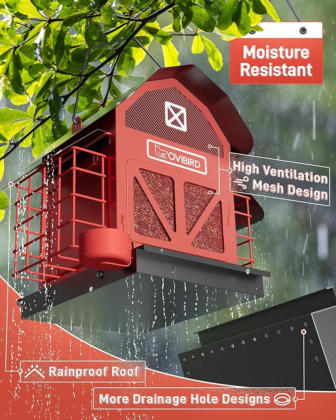 Bird Feeders for Outdoors Hanging, 5LBS Large Bird Feeder with 2 Suet Cage, Red Barn Metal Birds Feeder for Outside, Weather Resistant Cardinal Feeders, ldeal Birds Watching Gifts (Red)