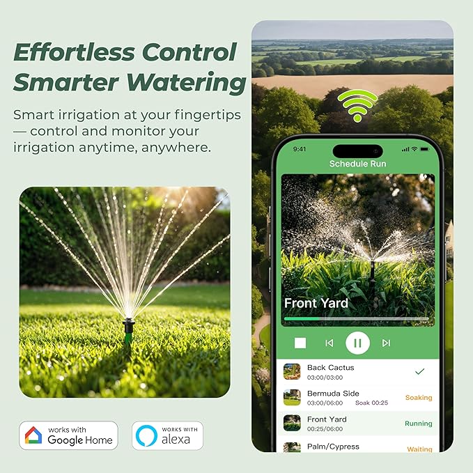 ImoLaza Outdoor Smart Sprinkler Controller, 4-Zone WiFi Irrigation Controller with Hyper-Local Weather, App Remote Control, Works w/ Alexa, Auto Watering, Rain/Freeze/Wind Skip, Smart Fault Detection