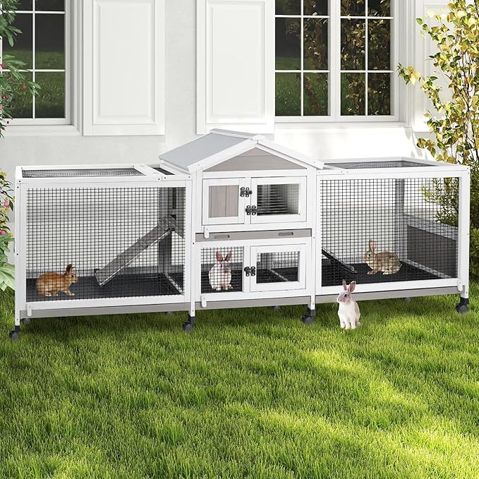 Double Rabbit Hutch Outdoor Indoor Large Bunny Cage with Dual Side Runs, 2-Story Wooden Hutch with 4 Leak Proof Trays, 8 Wheels, Waterproof Roof, Ramp, for Small to Medium Animals