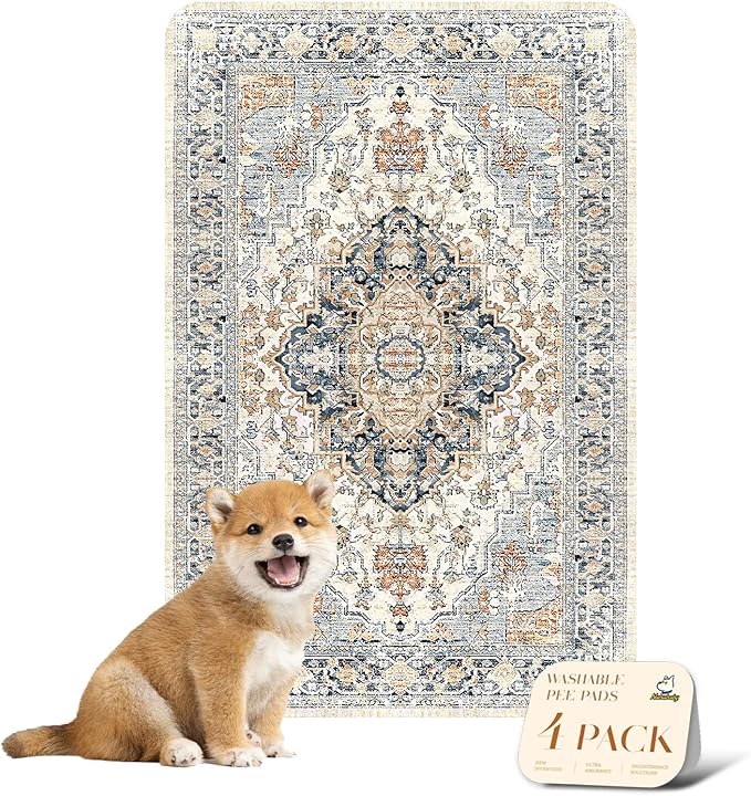 nunubaby 4PACK Washable Pee Pads for Dogs, Stylish, Non-Slip and Leak-Proof Pee Pads. Reusable Potty Pads for Dogs for Crates and Floors.(Beige/Multi, 24" x36")