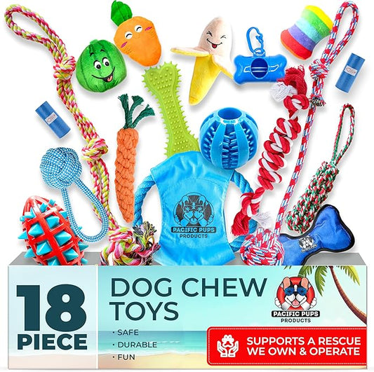 Pacific Pups 18 Piece Bulk Dog Toy Pack - Chew, Plush, and Rope Dog Toys to Keep Them Busy - Puppy Teething Chew Toys, Treat Ball, Squeaky Plushies, Tug of War Ropes, Rubber Chew - Helps Rescue Dogs